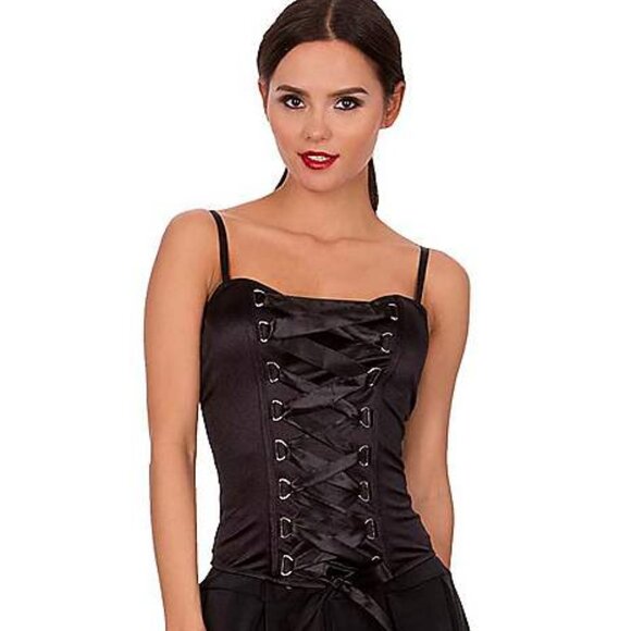 NWT Spirit Halloween Strapless Front Lace Up Black Satin Push Up Corset Top, S - Picture 1 of 15